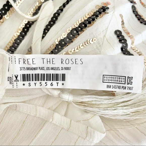 New Free The Roses Sequin Striped Tassel Tie Peasant Top Ivory Black Gold Medium - Picture 15 of 16